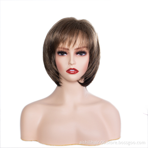 Wholesale good quality cheap air bangs full head wig short straight brown bob natarul style synthetic hair wigs for women